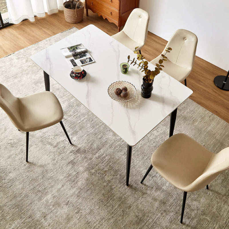 Dining Table Round White Sintered Stone Top Heavy Duty Metal Legs Waterproof Surface For Kitchen Dining Room Or Office Furniture - White / Black by Unique Piece Furniture