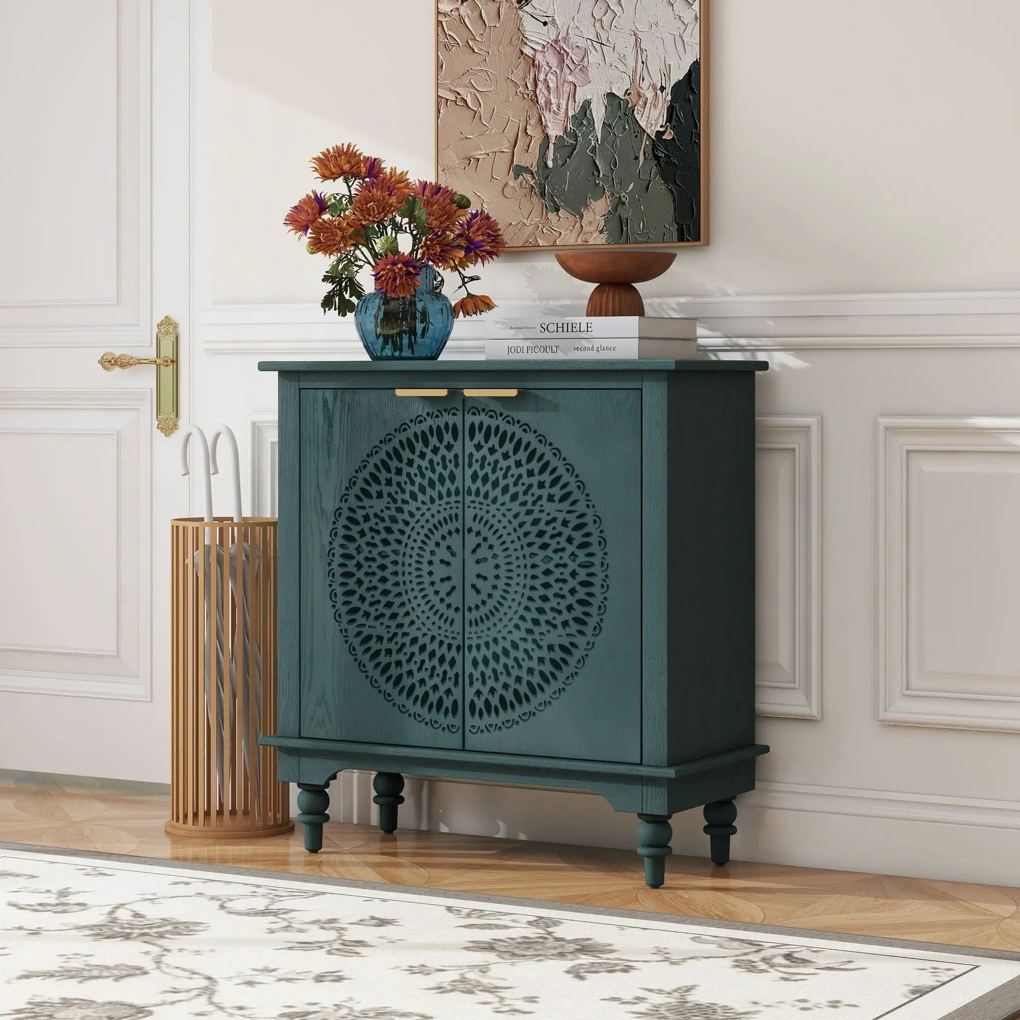 Hollow Carved 2 Door Accent Cabinet With Adjustable Shelf, Sideboard Buffet For Entryway, Living Room Or Bedroom - Blackish Green by Unique Piece Furniture
