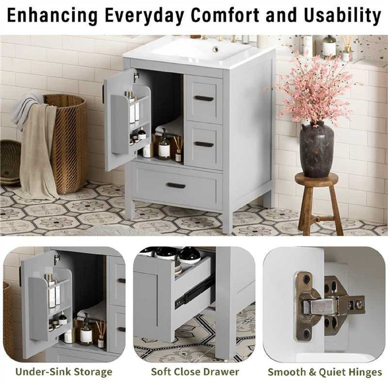 Bathroom Vanity With Sink, Soft Close Door, Double Layer Door Shelf And 3 Drawers - Gray by HouseOfZazla
