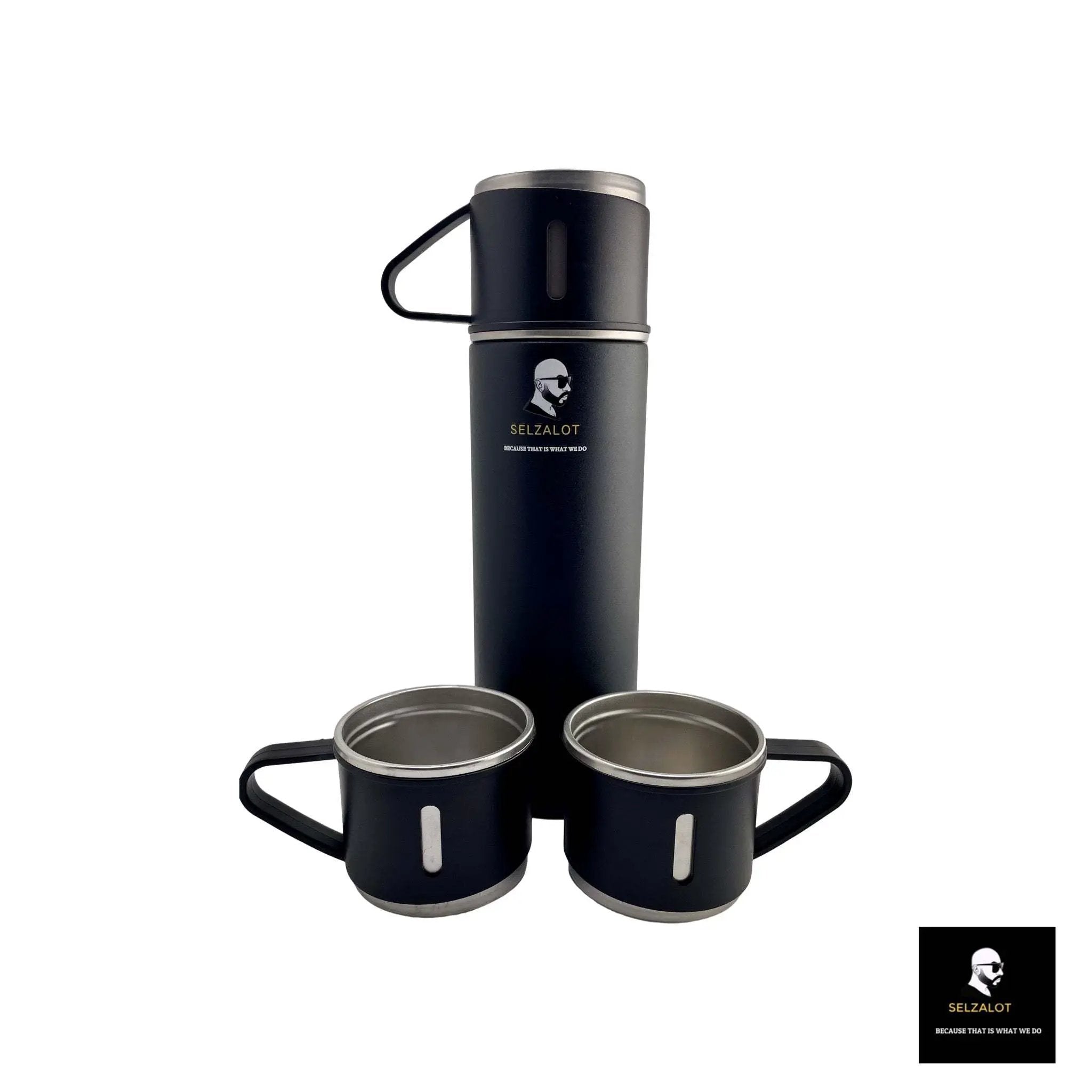 SELZALOT Stainless Steel Vacuum Flask Set, 500ML Gift Set, Black, Thickened Food Grade 304 Stainless Steel, Durable Insulation, Ergonomic Design, with 3 Cups by Selzalot
