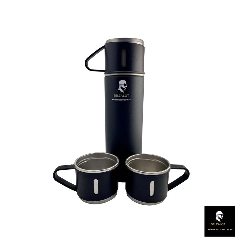 SELZALOT Stainless Steel Vacuum Flask Set, 500ML Gift Set, Black, Thickened Food Grade 304 Stainless Steel, Durable Insulation, Ergonomic Design, with 3 Cups by Selzalot