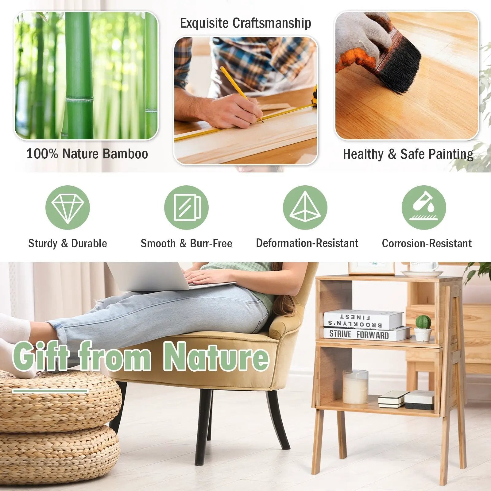 2 Pieces Bamboo Nightstand Sofa Table with Storage Shelf by DirectDeals