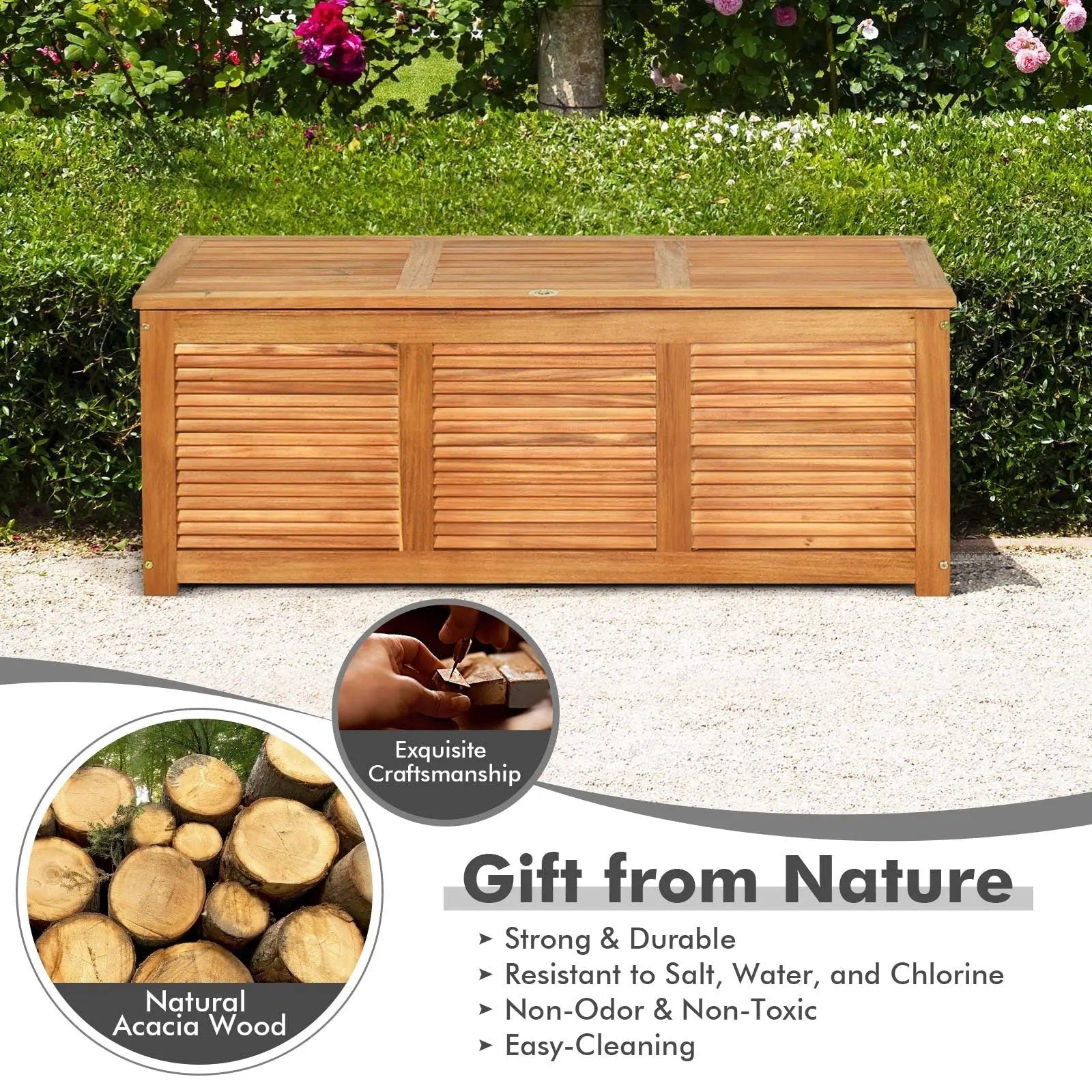 46 Gallon Acacia Wood Storage Bench Box for Patio Garden Deck by DirectDeals