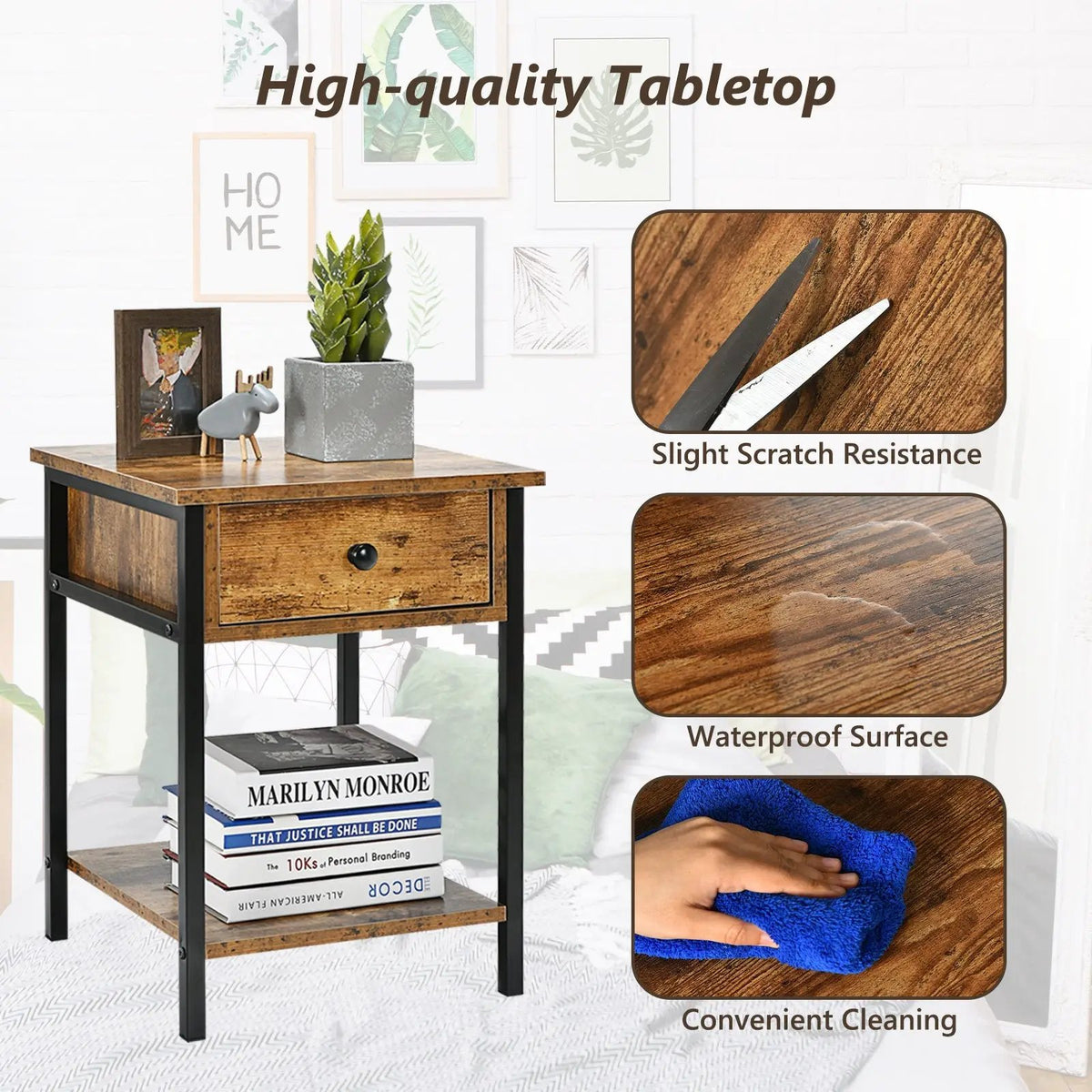 Industrial End Side Table Nightstand with Drawer Shelf, photo 7 of 9