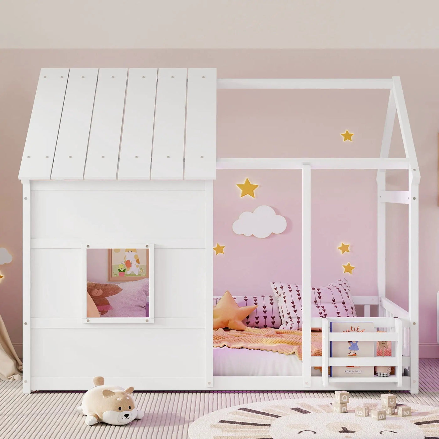 House Floor Bed With 7 Color LED Light, Built In Bookshelf by Unique Piece Furniture
