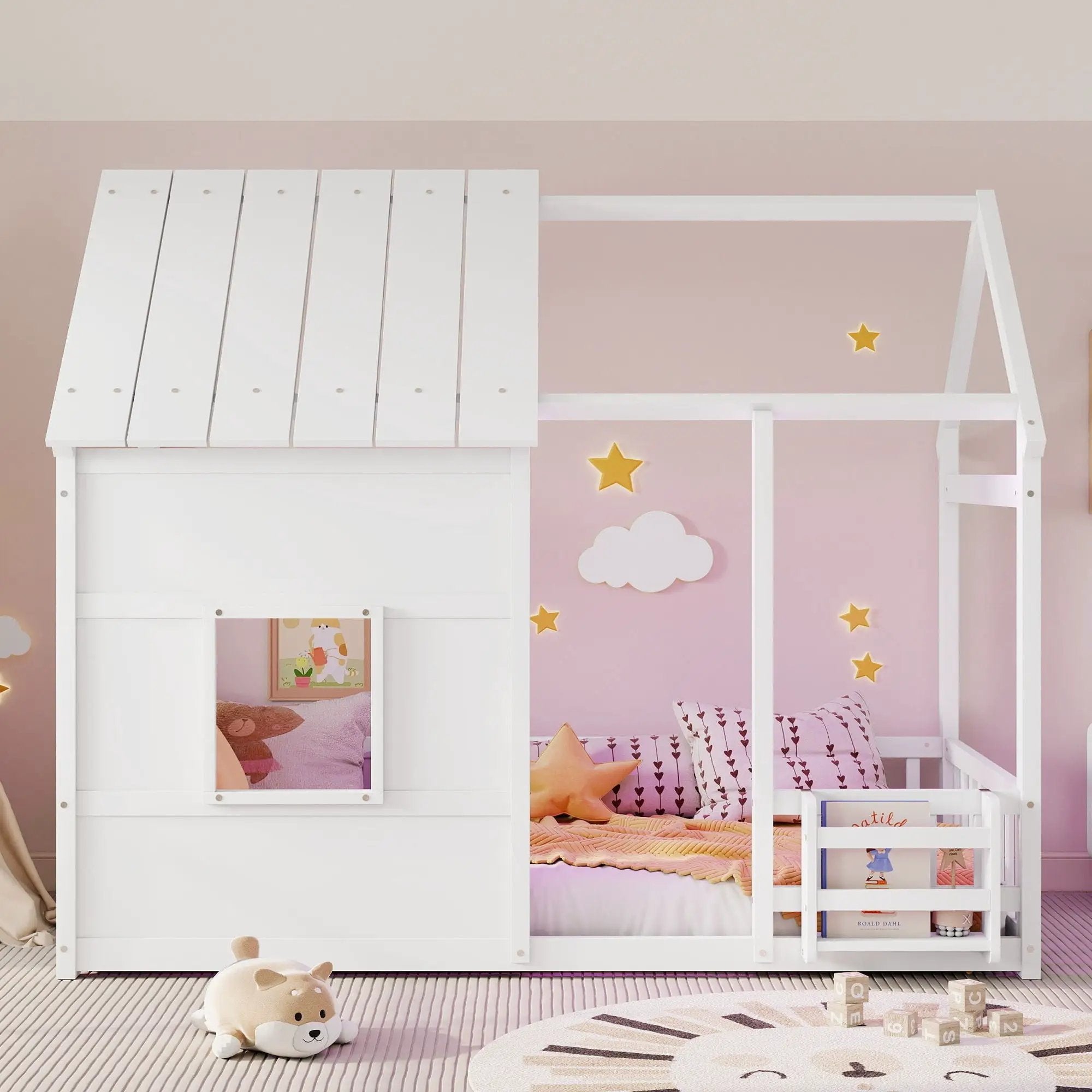 House Floor Bed With 7 Color LED Light, Built In Bookshelf by Unique Piece Furniture