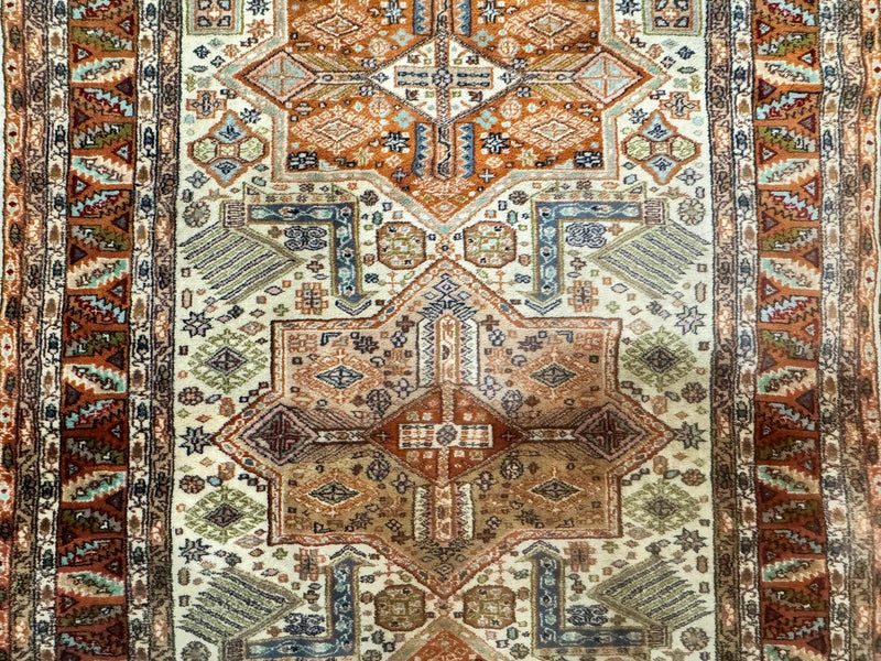 Turkish Kazak Rug 4x6, Geometric Medallions, Vintage Handmade Wool Carpet by Jewel Rugs