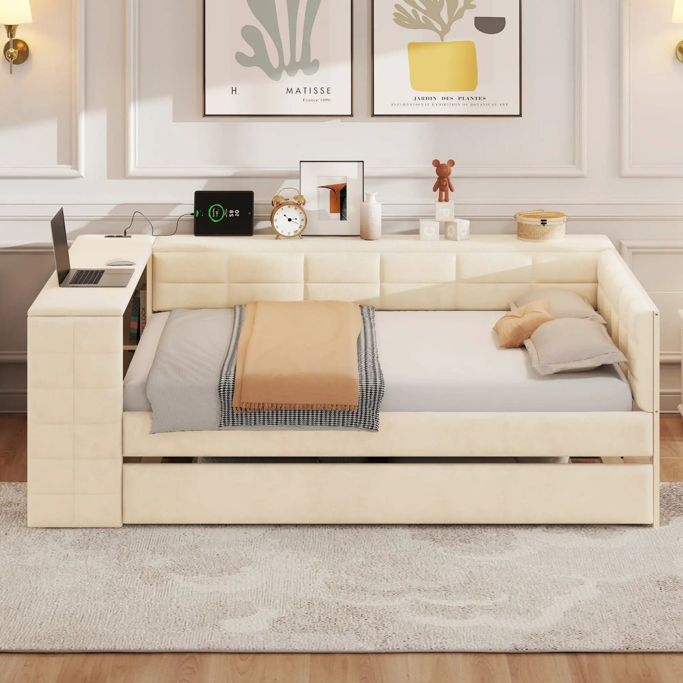 Upholstered Platform Bed With Storage Shelves, Desk, Charging Station And Trundle by Unique Piece Furniture