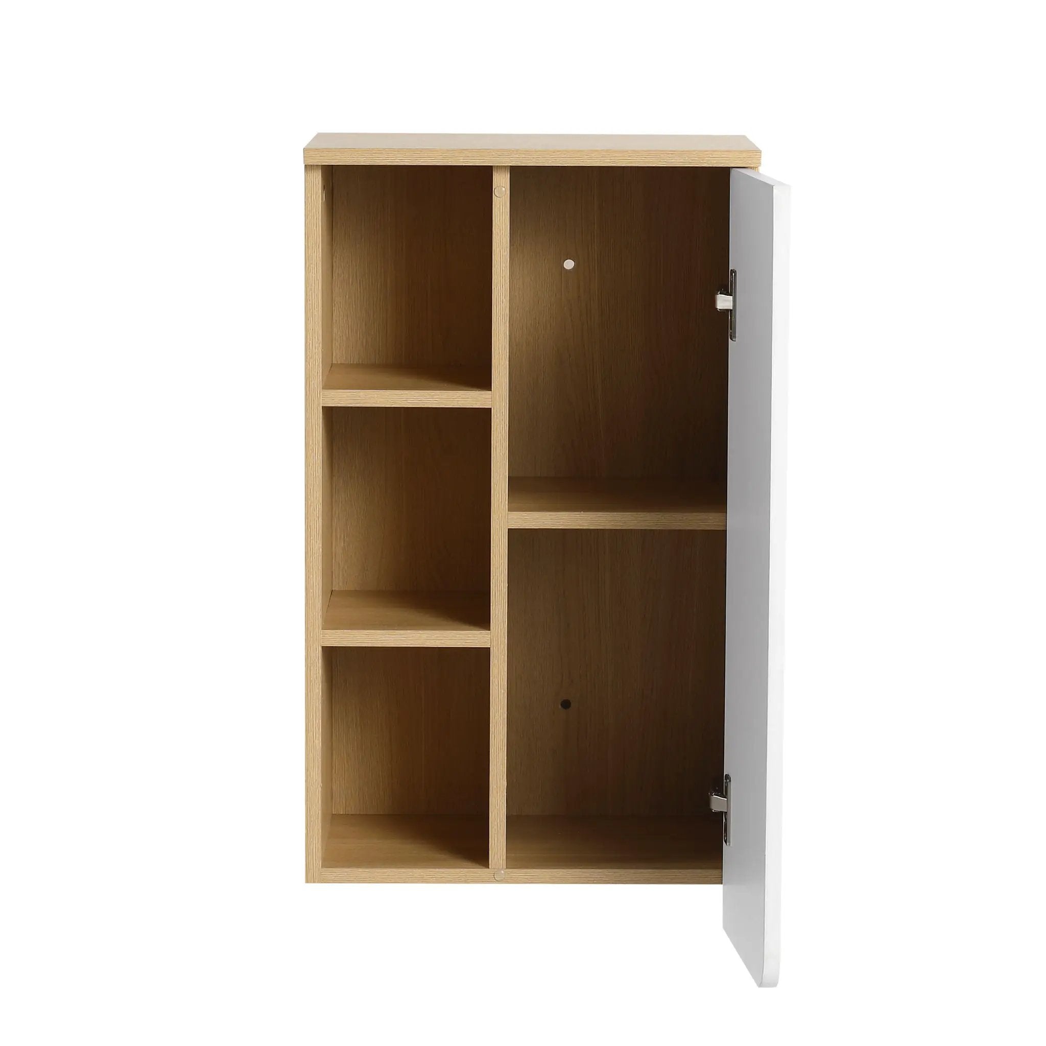 Wall Mounted Bathroom Side Cabinet, Single Door With 3 Tier Open Shelves - Black / Light Oak / White by HouseOfZazla