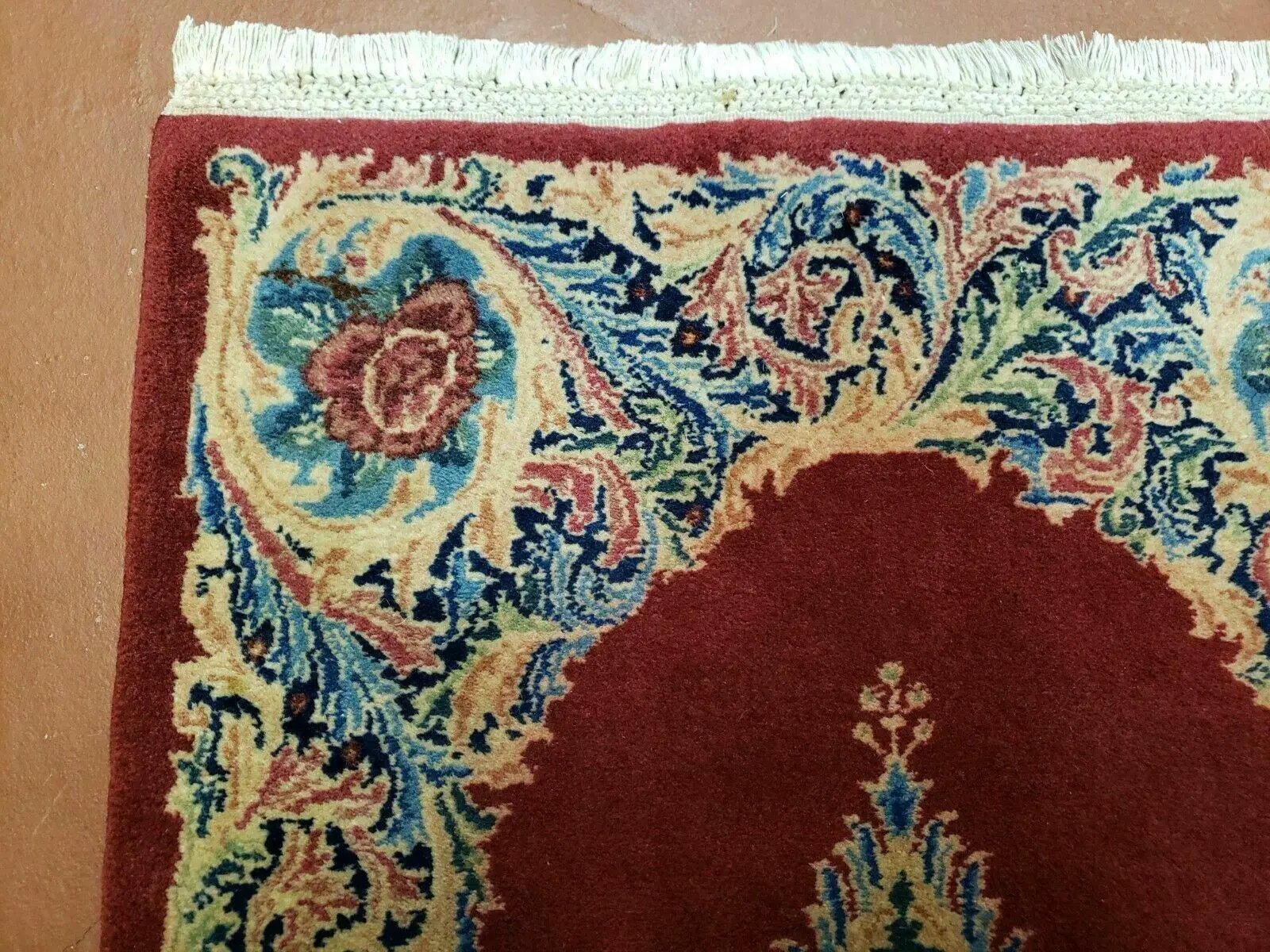 Small Persian Kirman Rug 2x4, Wool Oriental Vintage Handmade Carpet, Hand Knotted Floral Medallion, Red & Beige, Semi Open Field by Jewel Rugs