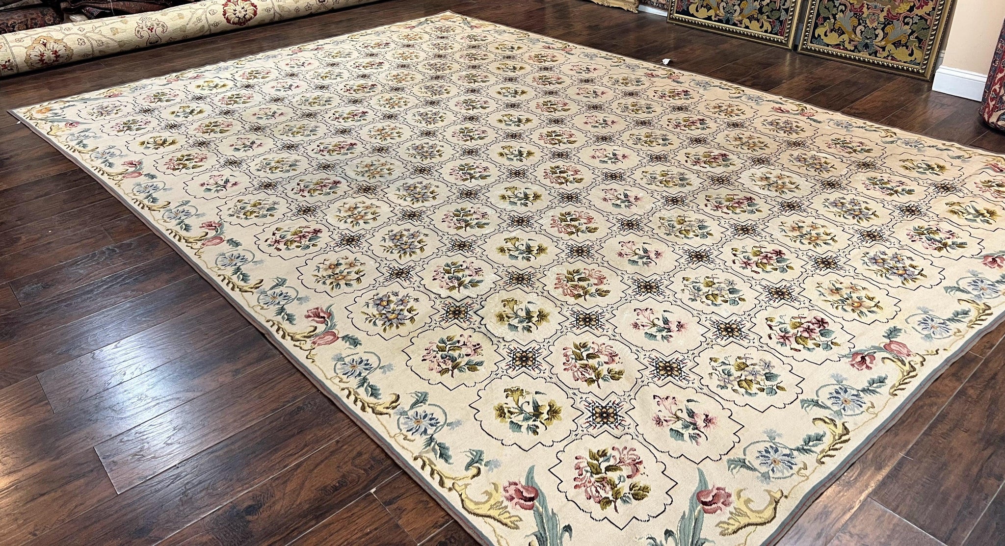 Needlepoint Rug 10x14, Wool Handmade Vintage Needlepoint Carpet, Floral Panel Design, Ivory/Cream by Jewel Rugs