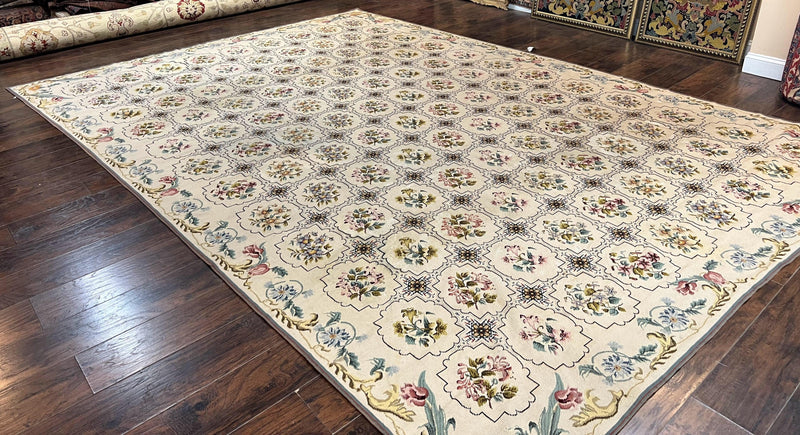 Needlepoint Rug 10x14, Wool Handmade Vintage Needlepoint Carpet, Floral Panel Design, Ivory/Cream by Jewel Rugs