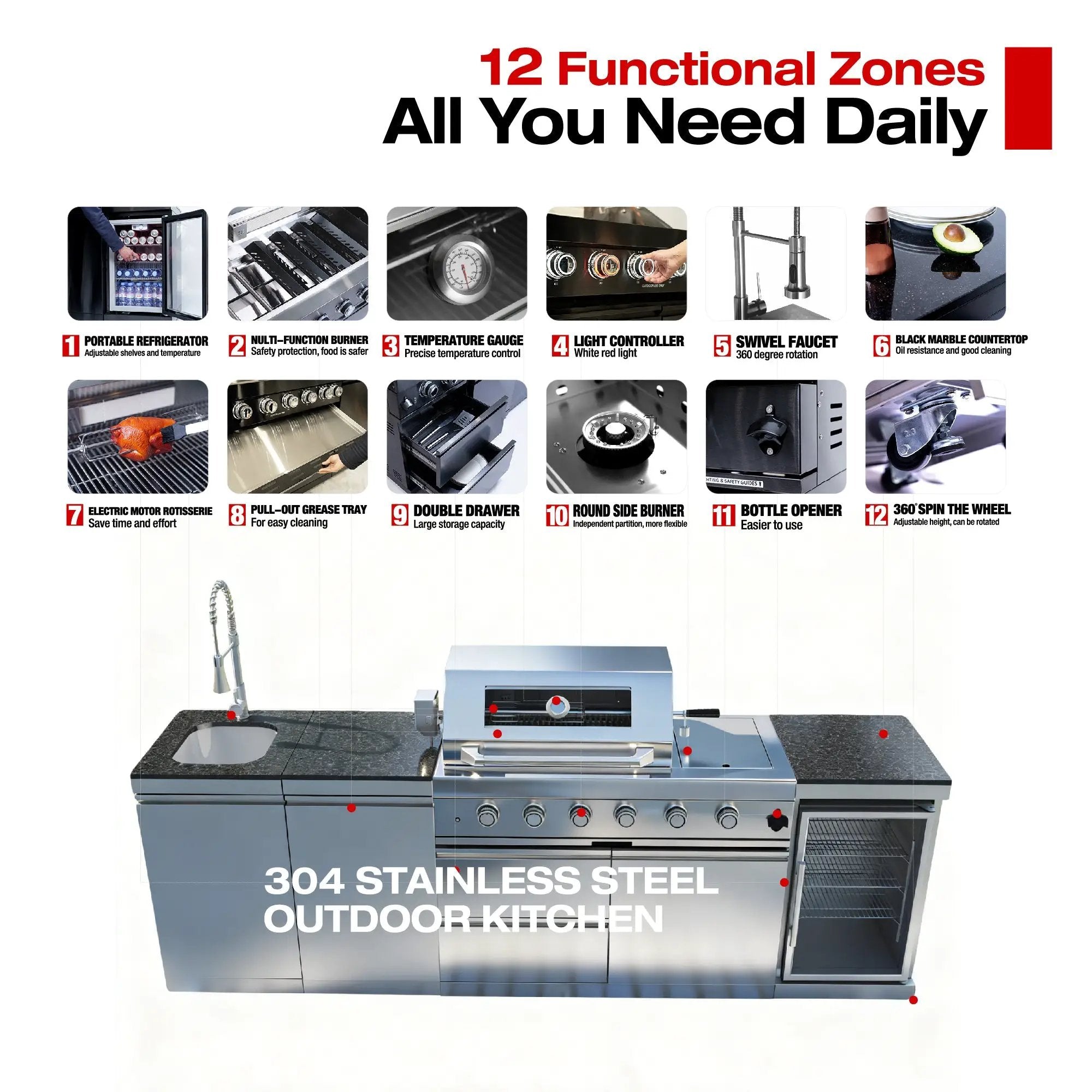 104" 4-Burner 72,000 BTU Silver Outdoor Kitchen Island Grill with Storage Cabinets & Drawers by Chery Industrial