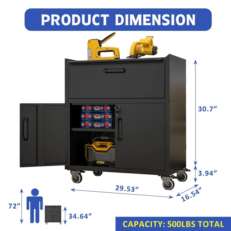 Sturdy And Durable Metal Tool Cabinet For Garage With Wheels Mobile Heavy Duty Storage Cabinet With 1 Drawer And 2 Locking Doors by HouseOfZazla