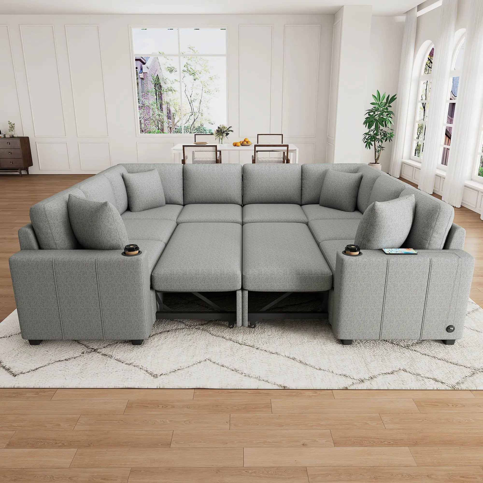 Modern U-Shaped Sectional Sofa Convertible Pull-Out Sofa Bed With USB Ports And Cup Holders by Unique Piece Furniture