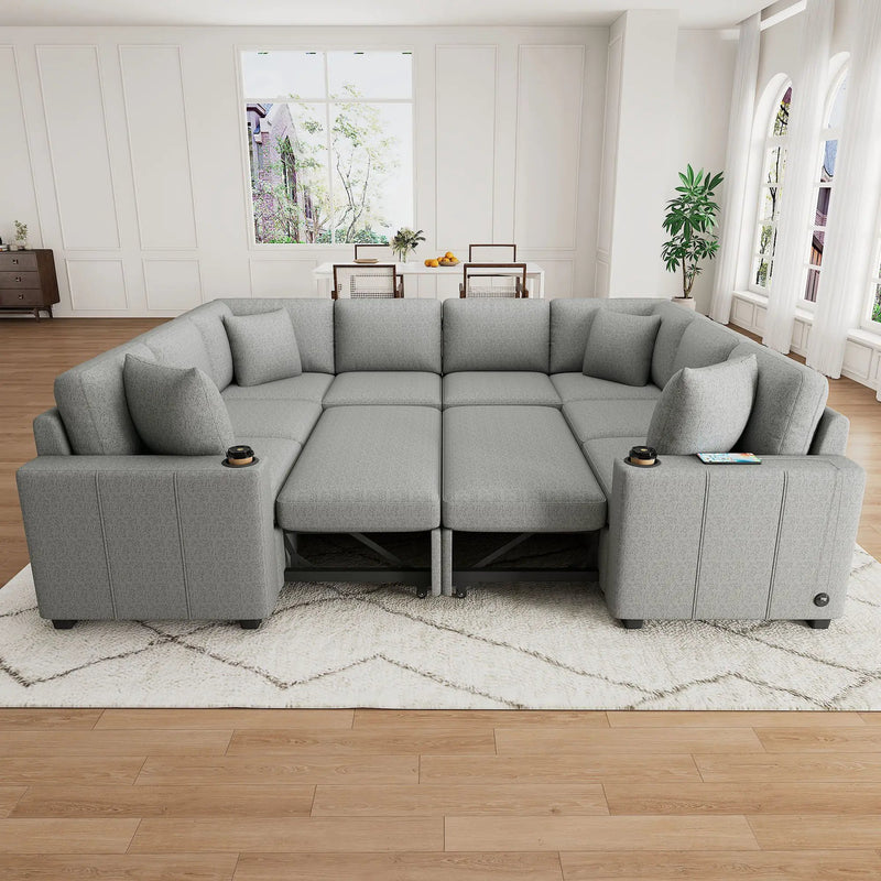 Modern U-Shaped Sectional Sofa Convertible Pull-Out Sofa Bed With USB Ports And Cup Holders by Unique Piece Furniture