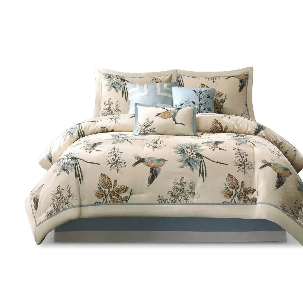 7 Piece Printed Cotton Twill Comforter Set Khaki Queen by HouseOfZazla