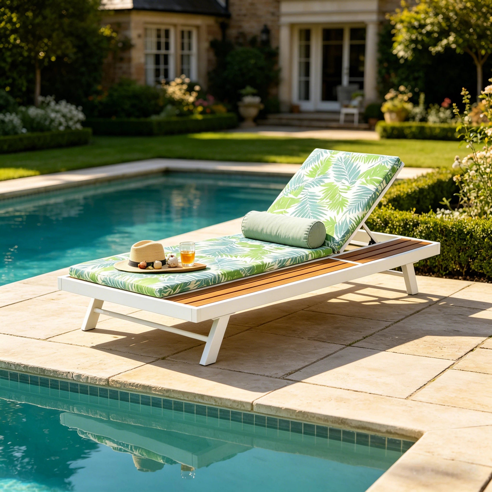 White Iron and Teak Finish Outdoor Chaise Lounge Set by HouseOfZazla