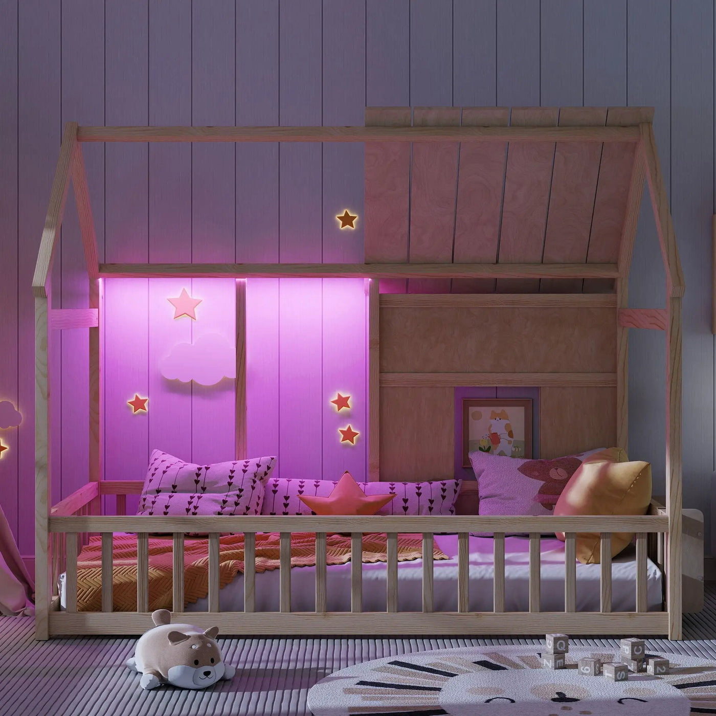 House Floor Bed With 7 Color LED Light, Built In Bookshelf by Unique Piece Furniture