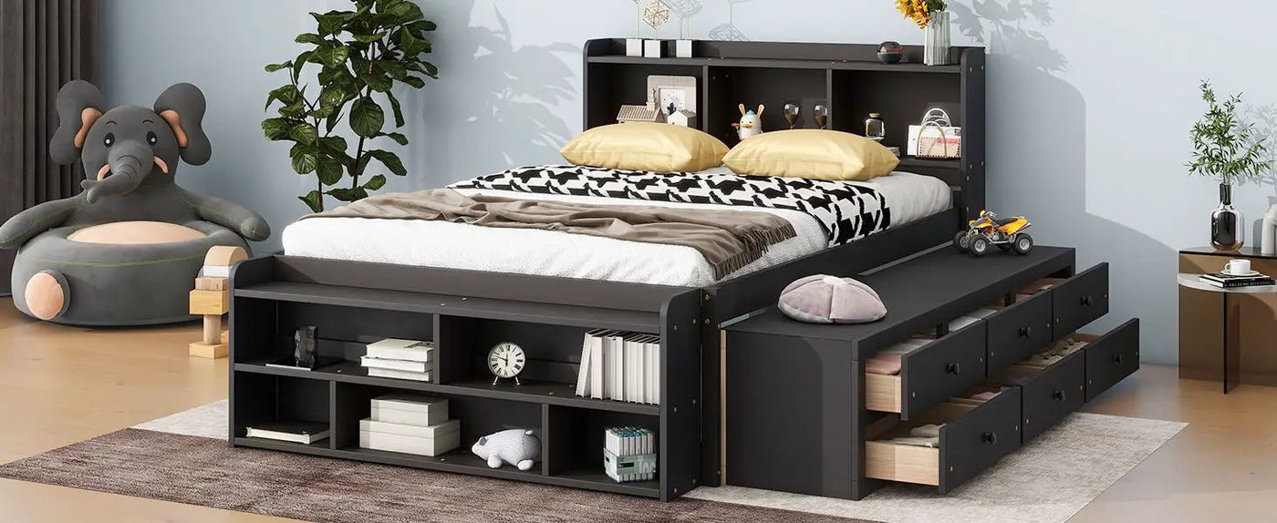 Bed With Bookcase Headboard, Under Bed Storage Drawers And Bed End Storage Case by Unique Piece Furniture