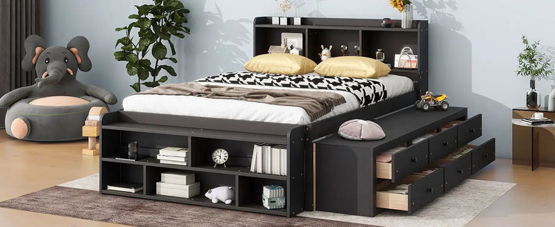 Bed With Bookcase Headboard, Under Bed Storage Drawers And Bed End Storage Case by Unique Piece Furniture