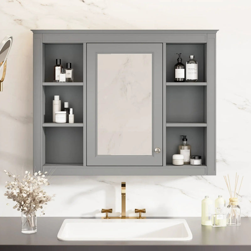 Wall Mounted Medicine Cabinet With Mirror, Storage Cabinet Featuring 6 Open Shelves And Adjustable Interior by Unique Piece Furniture