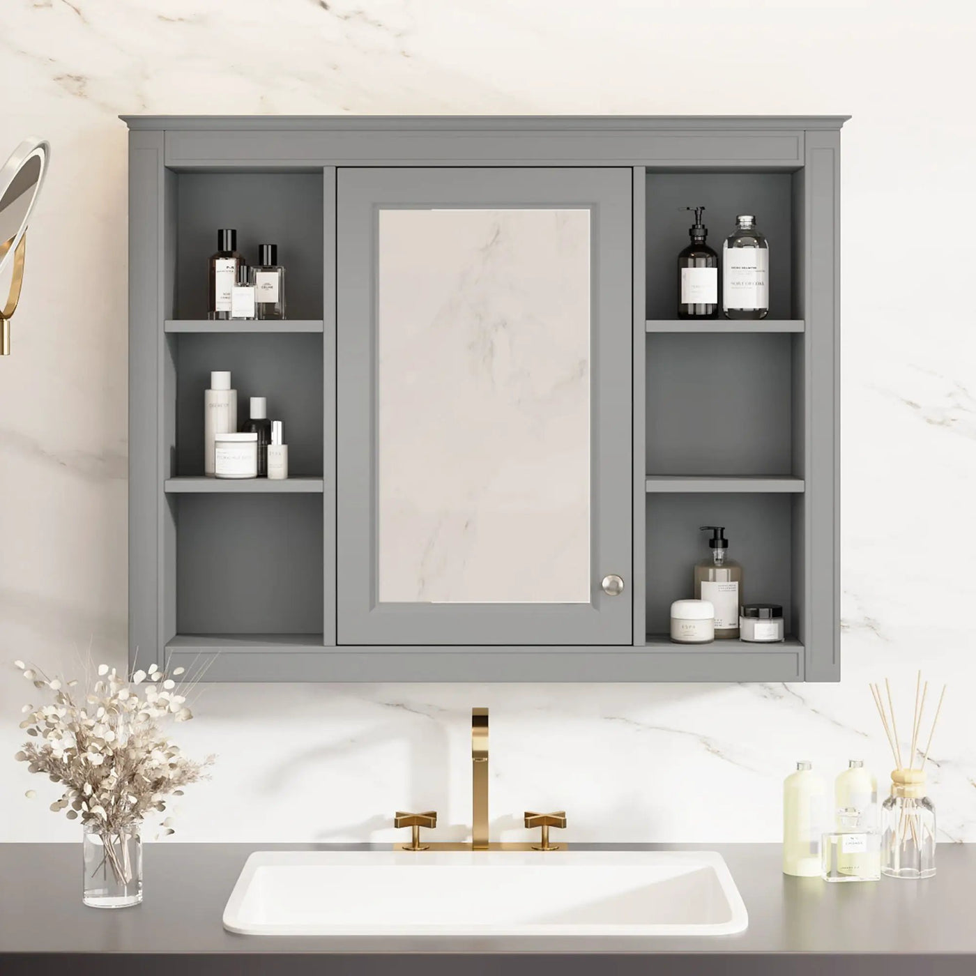 Wall Mounted Medicine Cabinet With Mirror, Storage Cabinet Featuring 6 Open Shelves And Adjustable Interior by HouseOfZazla
