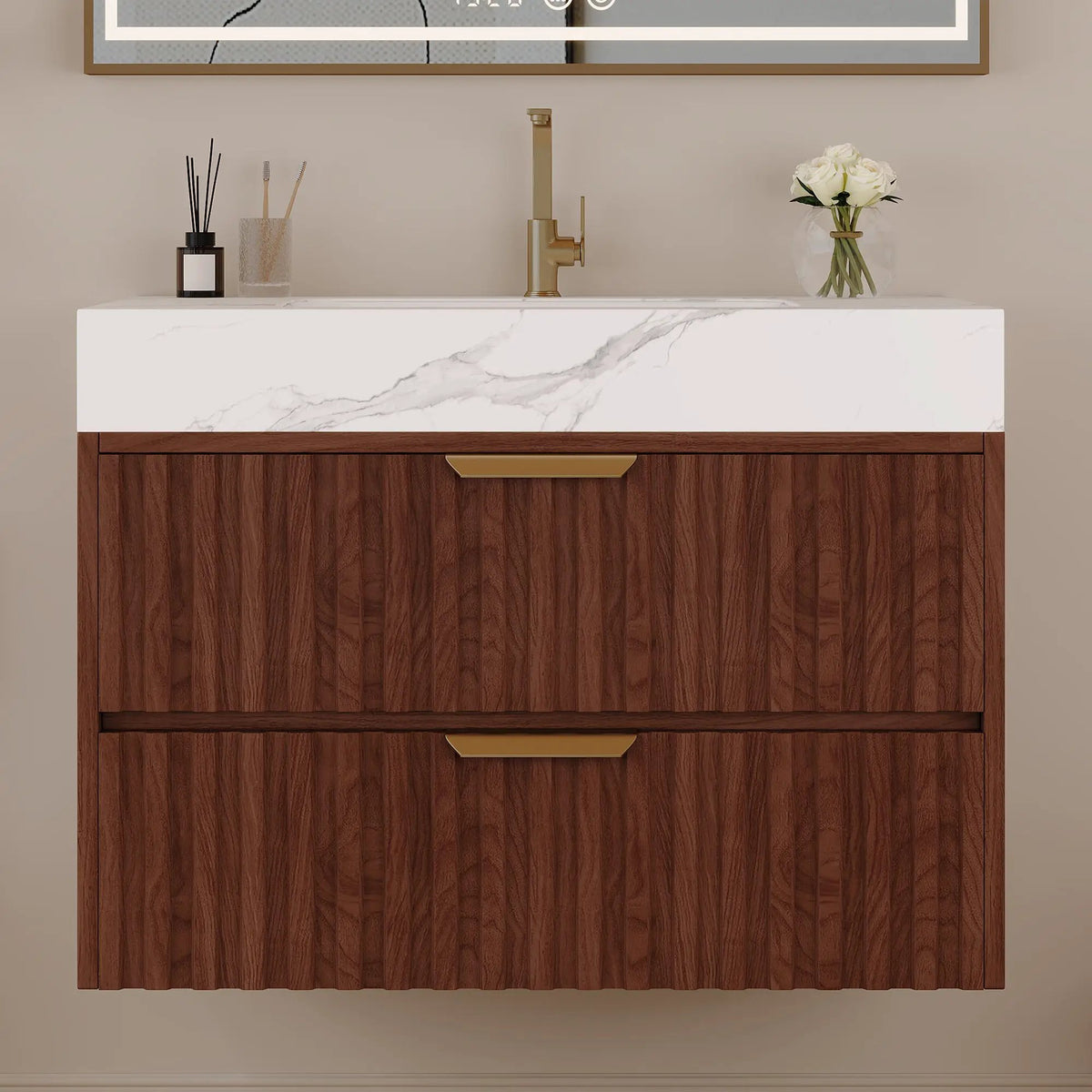 30" Modern Floating Bathroom Vanity with Seamless Sintered Stone Top, photo 3 of 10