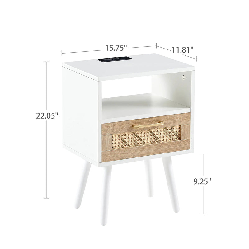 15.75" Rattan End Table With Power Outlet & USB Ports, Modern Nightstand With Drawer And Solid Wood Legs, Side Table For Living Room, Bedroom by Unique Piece Furniture