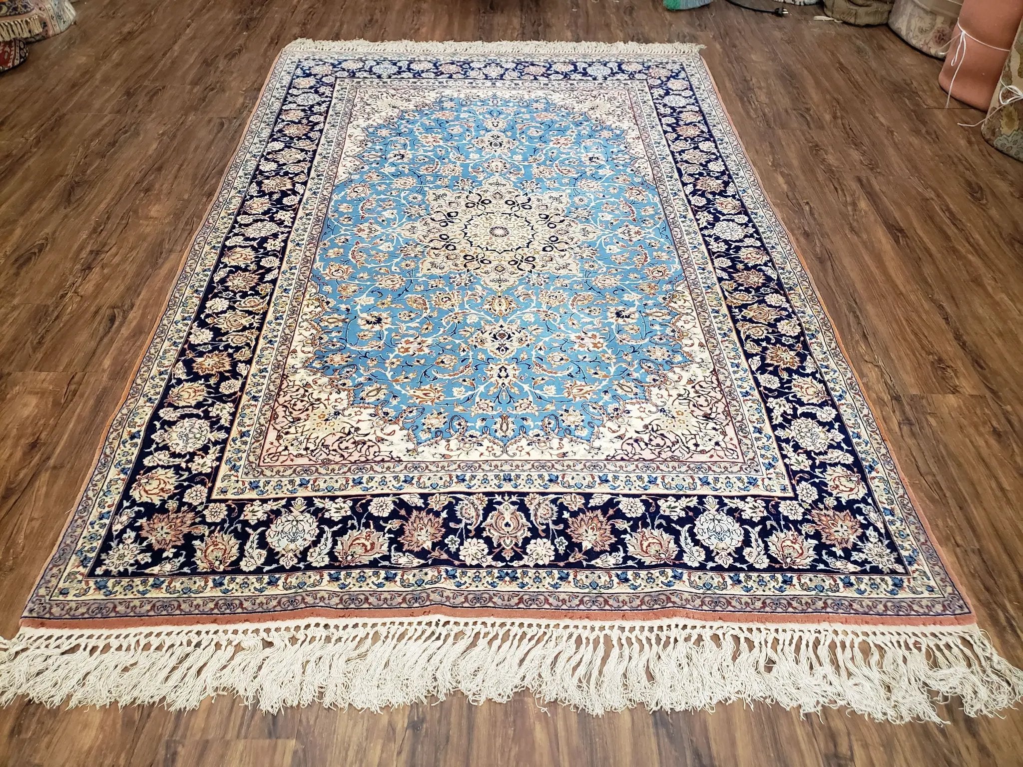 Persian Isfahan Rug, Kork Wool on Silk Foundation, Sky Blue, Hand-Knotted, 5' 1" x 7' 8" by Jewel Rugs