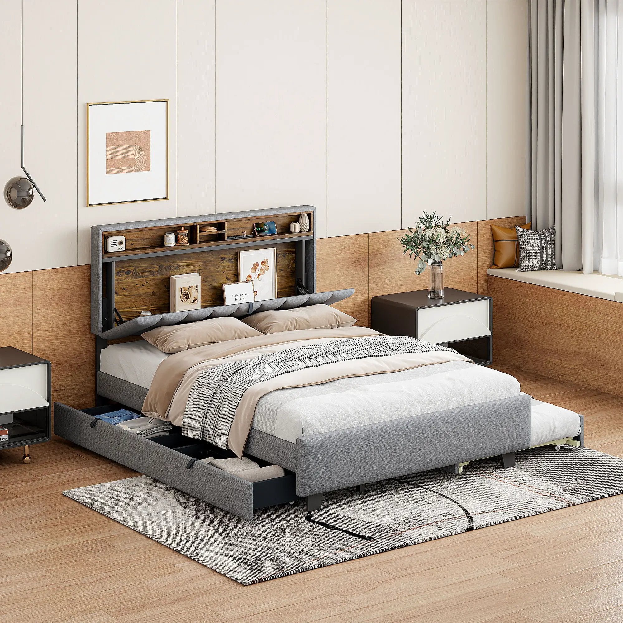 Upholstered Platform Bed With Storage Headboard, Trundle & 2 Drawers And A Set Of Sockets & USB Ports by Unique Piece Furniture