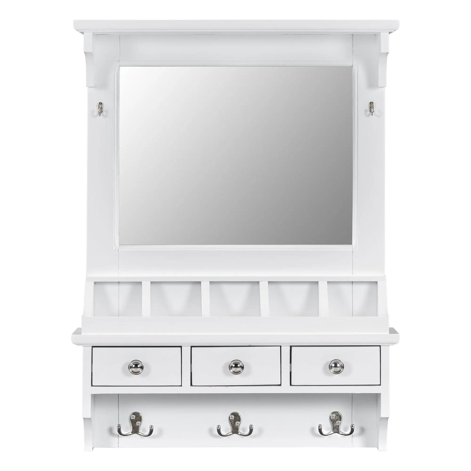 Floating Makeup Vanity With Big Mirror, Wall Mounted Storage Vanity With Drawers, Pockets & Hooks, Space Saving Decorative Home Organizer - White by Unique Piece Furniture
