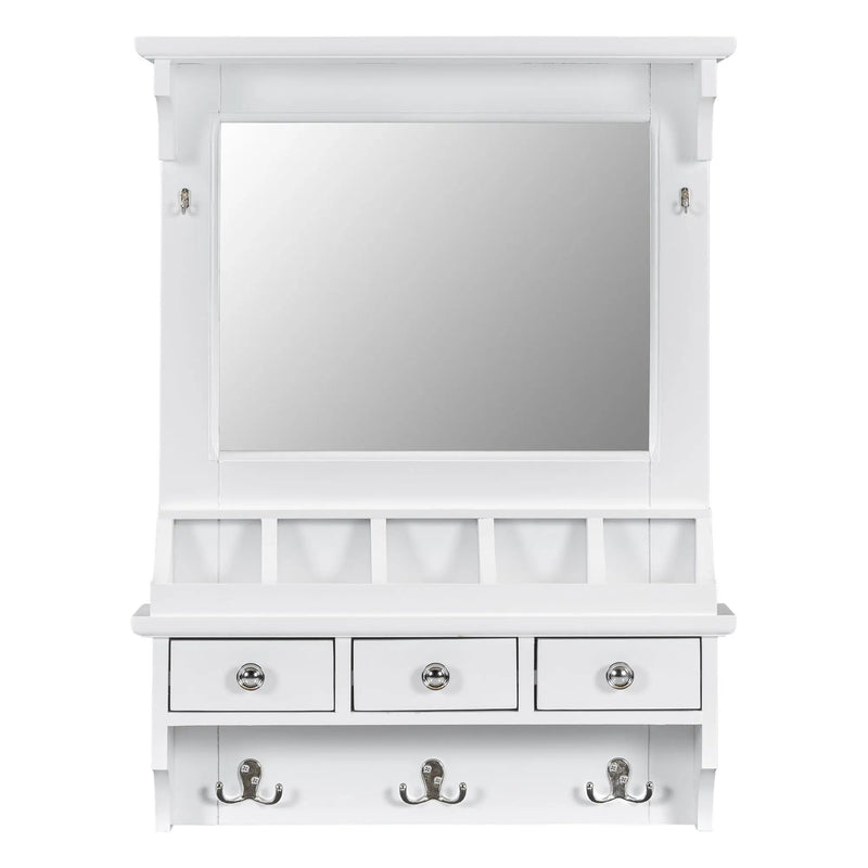 Floating Makeup Vanity With Big Mirror, Wall Mounted Storage Vanity With Drawers, Pockets & Hooks, Space Saving Decorative Home Organizer - White by HouseOfZazla