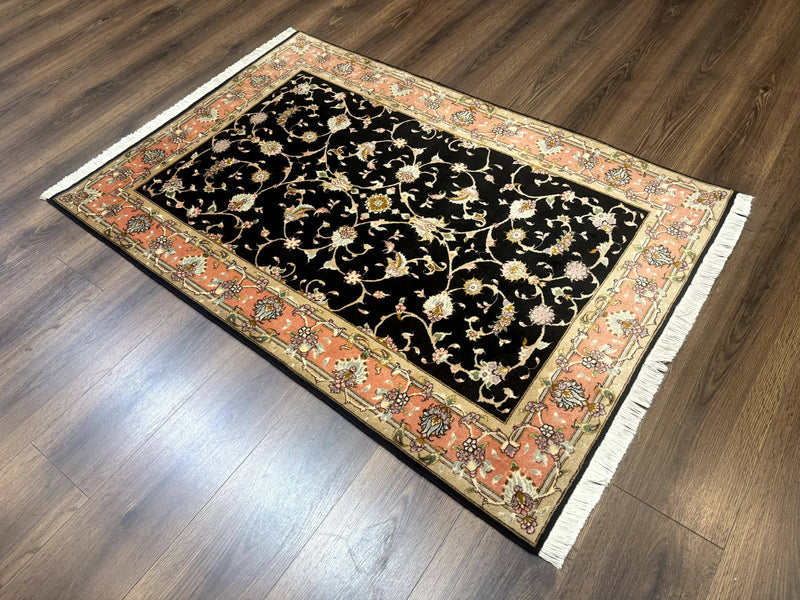 Persian Tabriz Rug 3x5 Black and Salmon Floral Fine Handmade 360 KPSI by Jewel Rugs