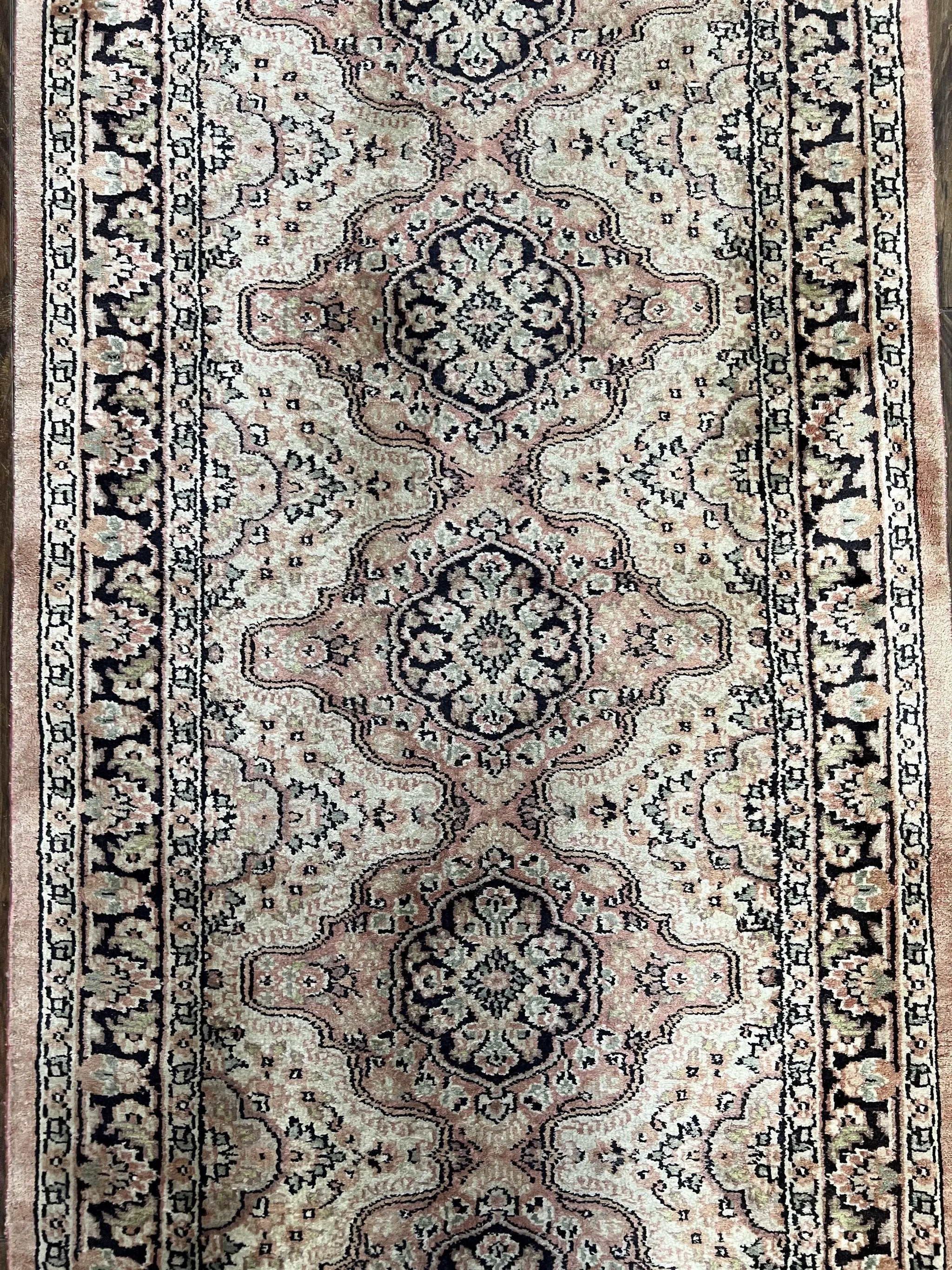 Silk Kashmiri Runner 2.7 x 10 ft Vintage Rug, Ivory Pastel Pink, Hand-Knotted Vintage Runner, Hallway Carpet, Indian Rug Medallion Runner by Jewel Rugs