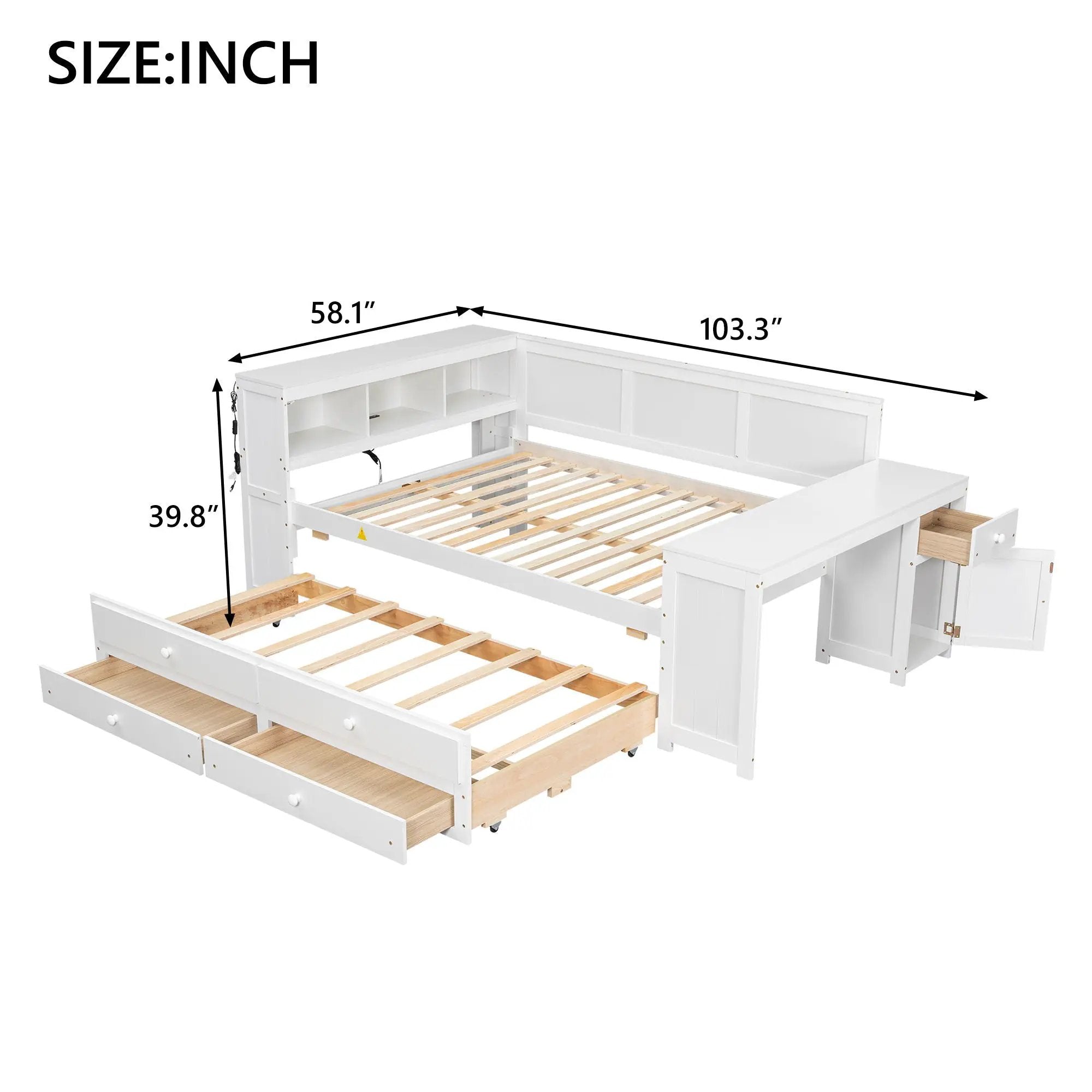 Daybed With Storage Shelves, Drawers, Trundle, Charging Station, LED Light, Desk And Cabinet by Unique Piece Furniture