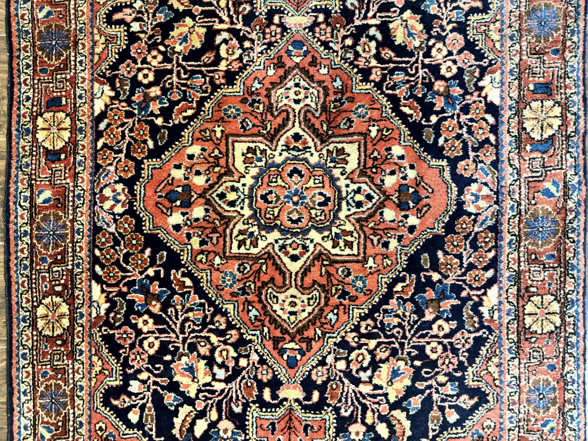 Persian Sarouk Rug 3.6 x 5, Medallion Rug, Red and Midnight Blue, Handmade Semi Antique Vintage Wool Carpet by Jewel Rugs