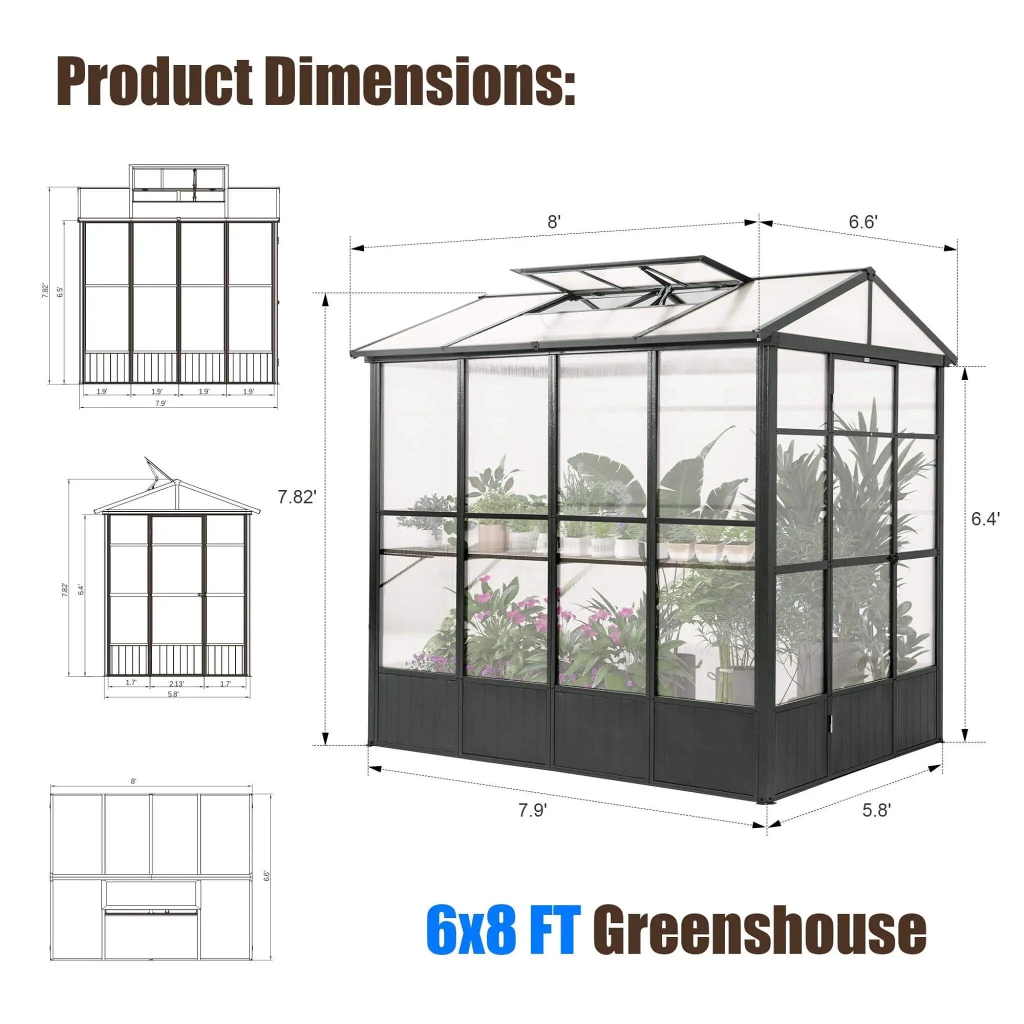 [06X08FT] Heavy-Duty Outdoor Polycarbonate Greenhouse With Fully Automatic Temperature Control Vent (SAK51892) by SAKSBY WHOLESALE