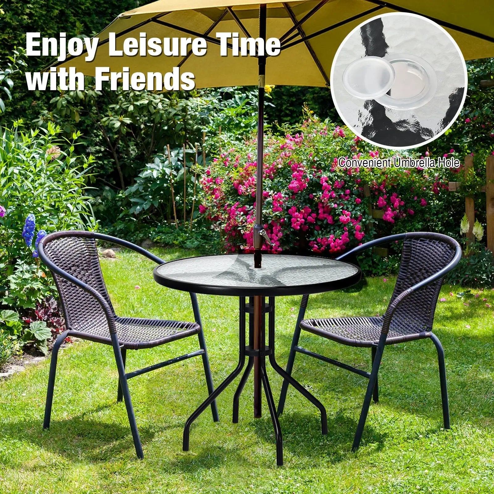 32 Inch Outdoor Patio Round Tempered Glass Top Table with Umbrella Hole by DirectDeals
