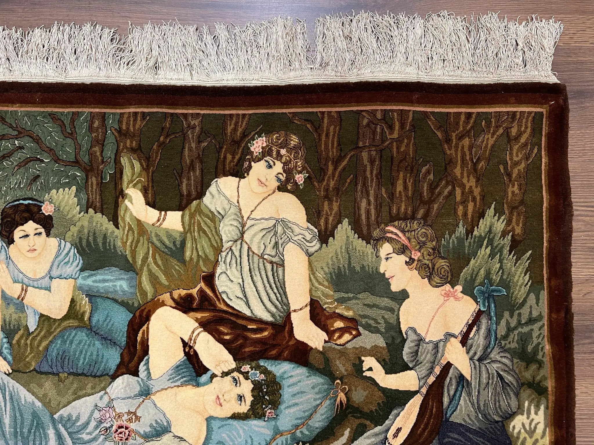Persian Tabriz Pictorial Rug 5x3, Women Laying By River, Super Fine 60 Raj 480+ KPSI, Hand Knotted Wool Rug, Semi Antique Vintage Oriental Carpet by Jewel Rugs