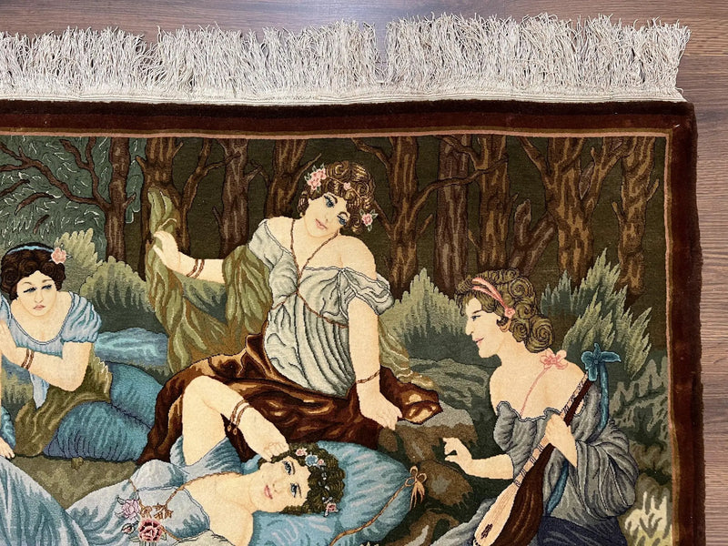 Persian Tabriz Pictorial Rug 5x3, Women Laying By River, Super Fine 60 Raj 480+ KPSI, Hand Knotted Wool Rug, Semi Antique Vintage Oriental Carpet by Jewel Rugs