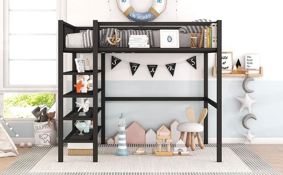 Loft Bed With 4 Tier Shelves And Storage by HouseOfZazla
