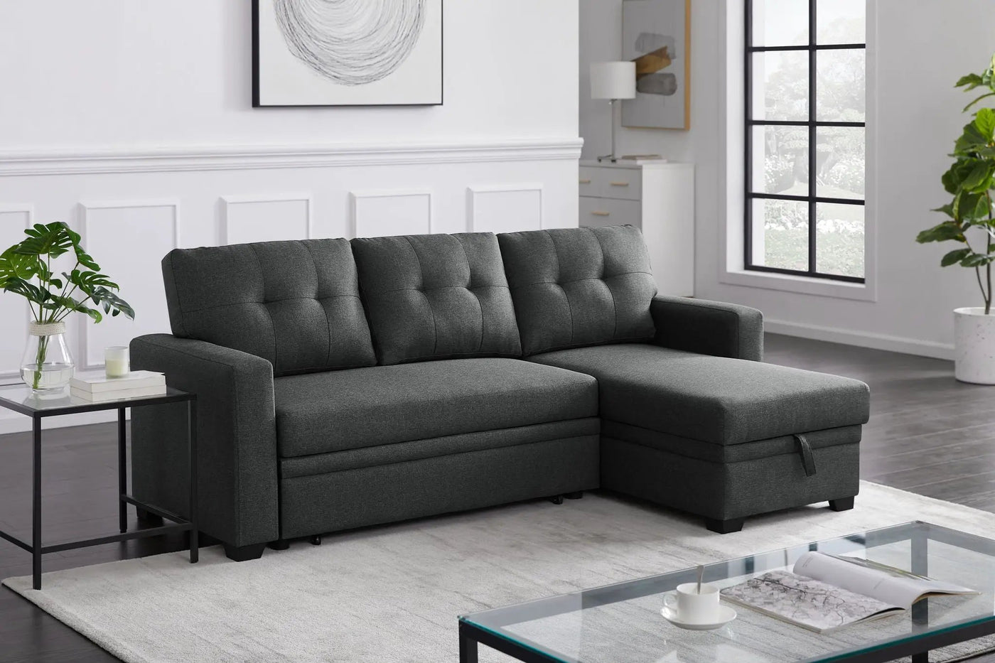 Upholstered Pull Out Sectional Sofa With Chaise by Unique Piece Furniture