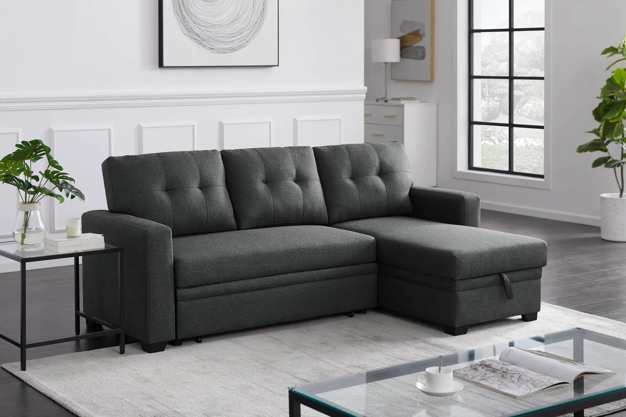 Upholstered Pull Out Sectional Sofa With Chaise by Unique Piece Furniture