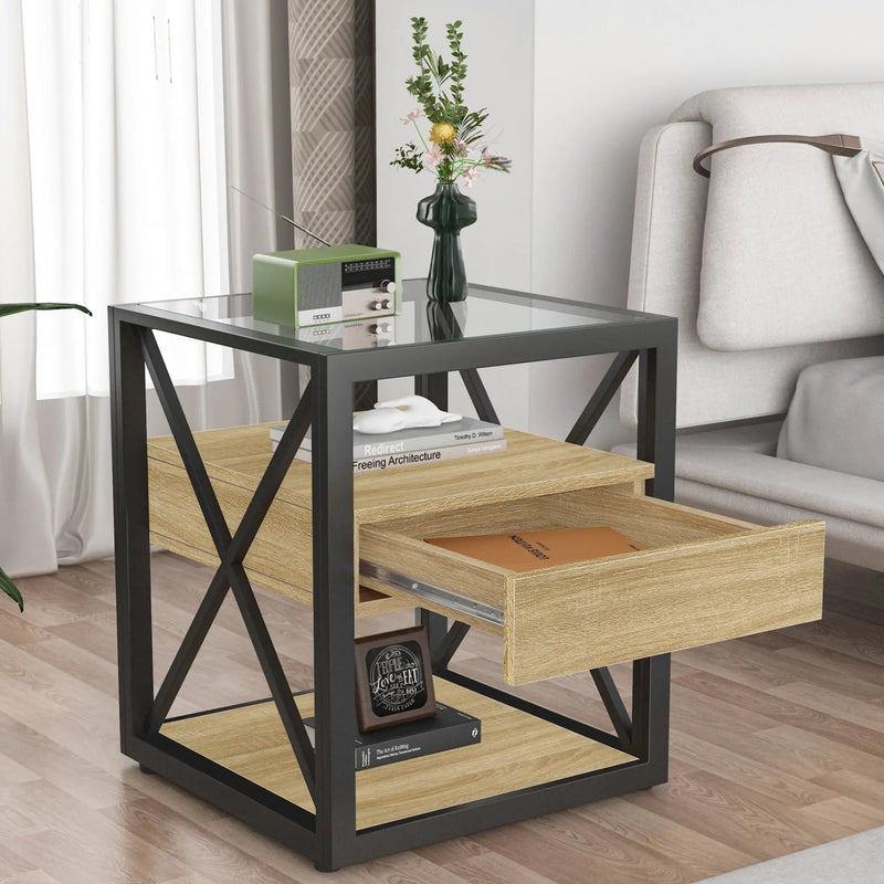 1 Piece Modern End Table with Drawer - Natural Wood & Tempered Glass by HouseOfZazla