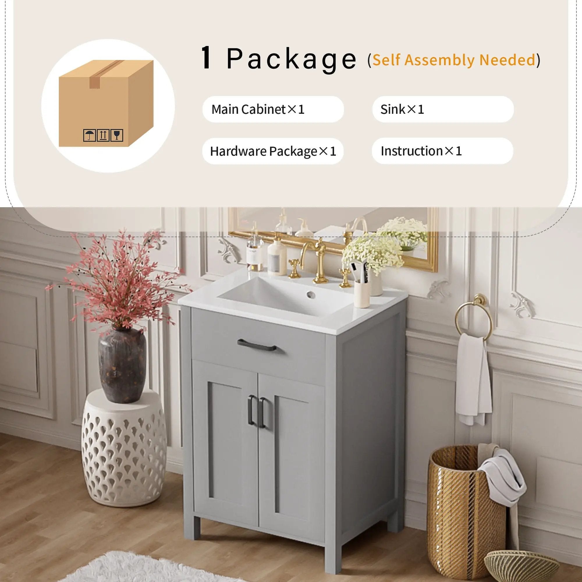 Bathroom Vanity With Ceramic Sink, Soft Close Doors, Flip Drawer, Double Layer Door Shelves
