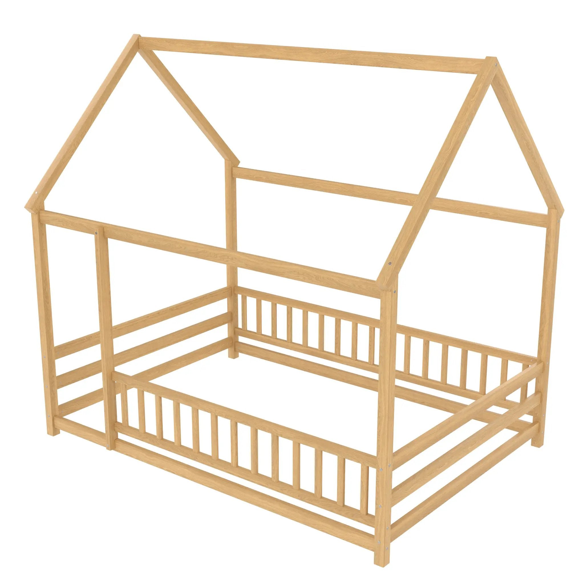 Full Size Floor Wooden Bed with House Roof Frame by HouseOfZazla