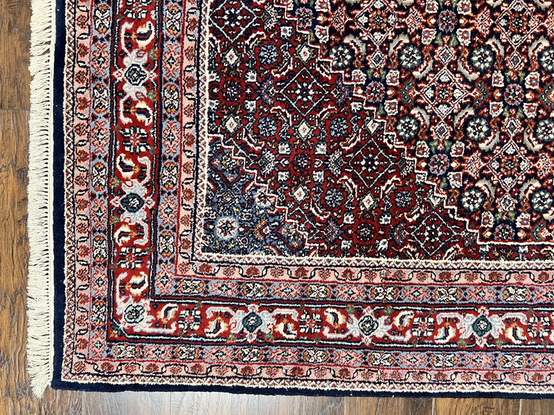Indo Persian Rug 7x10, Dark Blue and Red Hand Knotted Wool Vintage Oriental Carpet 7 x 10 ft, Handmade Bidjar Rug, Herati Pattern Indian Rug by Jewel Rugs