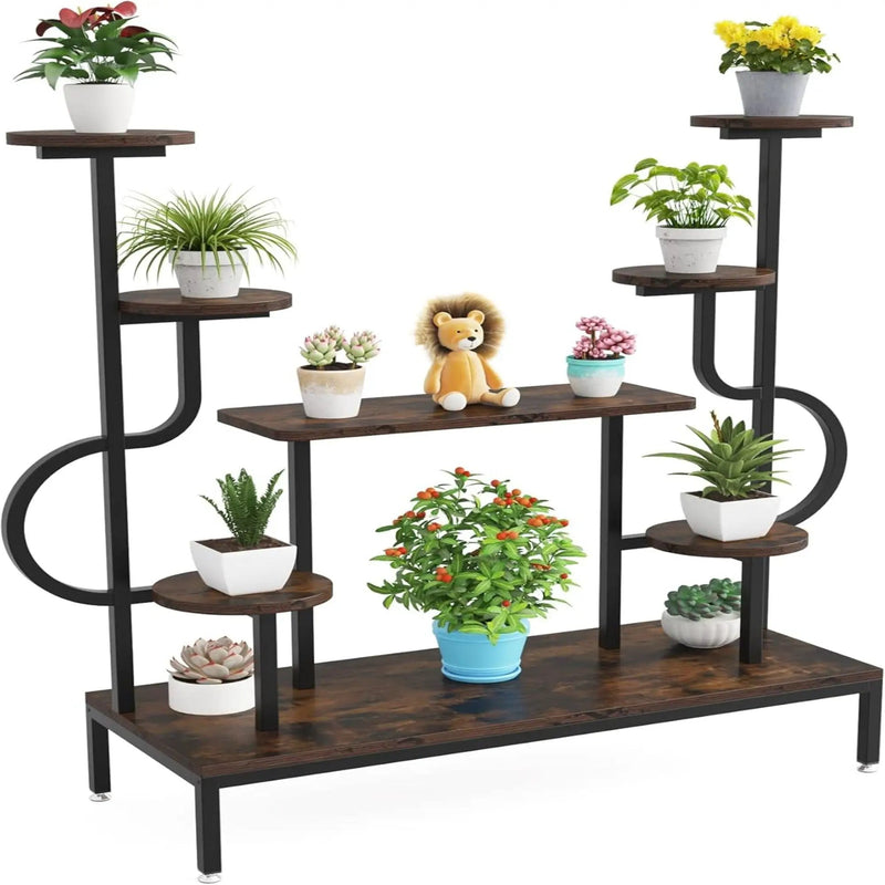 8 Tier Plant Stand With Round And Square Shelves For Living Room, Patio, Balcony & Garden - Brown / Black by HouseOfZazla