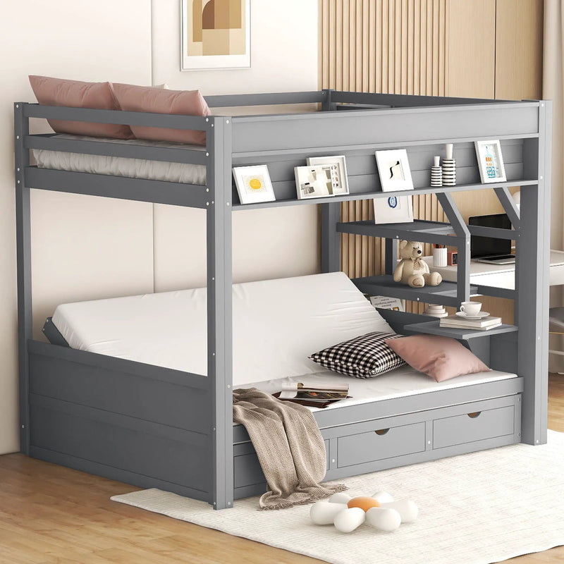 Wood Full Size Convertible Bunk Bed With Storage Staircase, Bedside Table, And 3 Drawers - Gray by HouseOfZazla